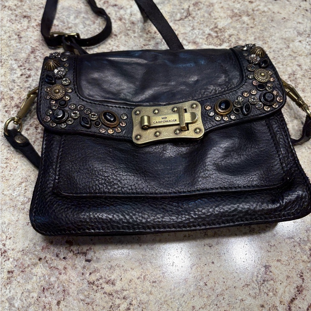 Campomaggi Black Leather Crossbody Bag with embellishments